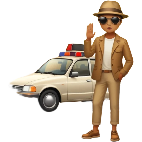 A parked car rests on the side of a long with a person outside , empty road stretching toward a golden sunset. The sky glows with warm colors, and the landscape ahead feels open, peaceful, and full of promise. emoji