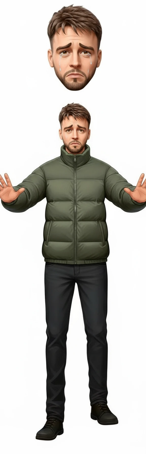 нарисуй человека в одежде как во вложении, с лицом как на картинке с лицом, но руки раскинуты в разные стороны, расстроен, без фона emoji