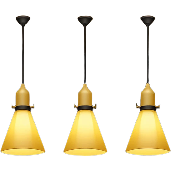 three hanging lamps in a dark room, only the middle lamp is dimly lit, casting a soft yellow cone of light downward, the rest of the room and other lamps remain in total darkness, minimalist cinematic lighting, moody atmosphere, black background, no people emoji