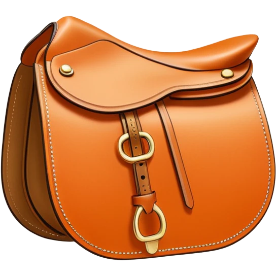 Hermès-style saddle, elegant and minimal, Hermès orange leather, gold trim, luxury, cute emoji style emoji
