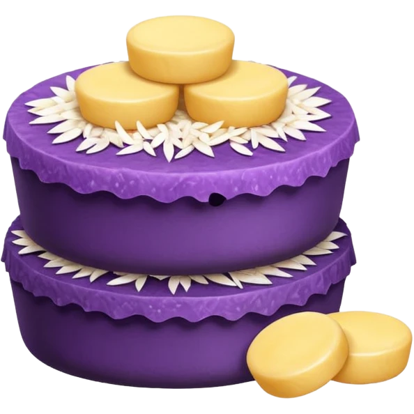 Create an emoji-style illustration of puto bumbong. Purple steamed rice cakes stacked together, topped with butter, grated coconut, and brown sugar. Cute, clean, iOS-style emoji look emoji