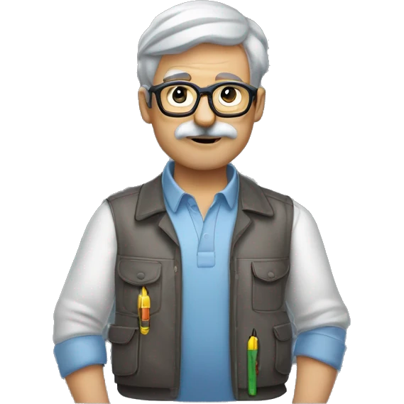 this man bit darker skin grey hair with less hair and light bear and moustache and thinner glasses and dressed like an electrician with just multimeter emoji