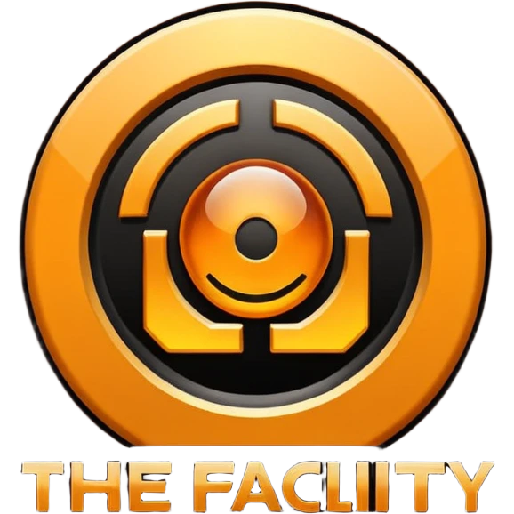 Minimal logo emoji with a glowing amber industrial emblem above bold text reading “THE FACILITY”, dark background, clean typography, sci-fi bunker aesthetic, high contrast, emoji