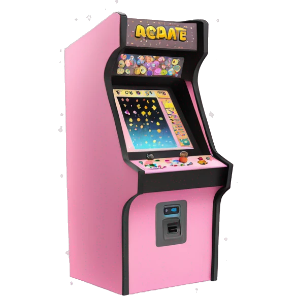 Arcade Machine Emoji "A pastel pink arcade machine with glowing buttons and screen, surrounded by floating sparkles and digital pixel effects." emoji