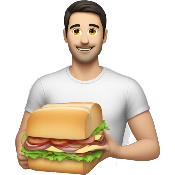 A white man with dark hair holding a long sandwich emoji