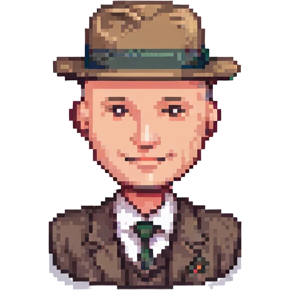 bald man in a fedora, smirking, pixel art style emoji