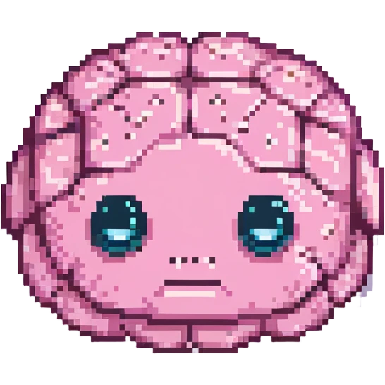 16-bit pixel art of a pink brain-shaped blob with sad droopy eyes and downturned mouth, smooth rounded brain texture, simple retro gaming style emoji