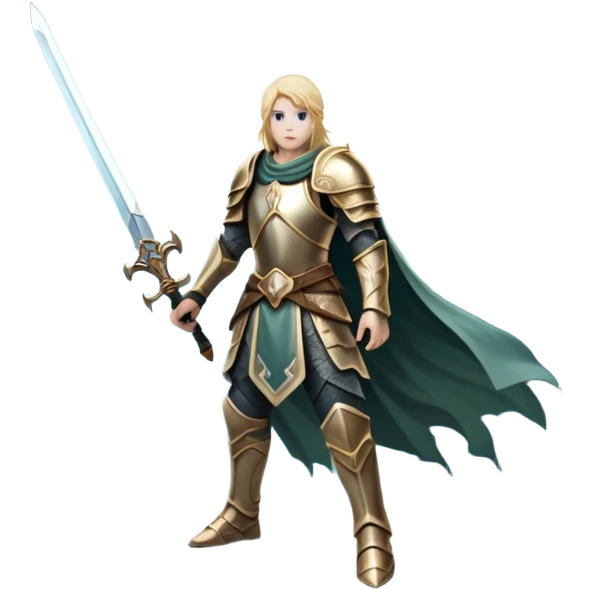 An icon representing an RPG, inspired by Elden Ring, featuring a lone warrior standing on a cliff overlooking a vast, mystical landscape. The design includes intricate armor, a glowing sword, and a majestic, otherworldly sky. Transparent background emoji