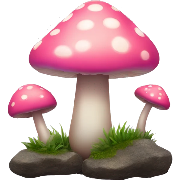 Pink little smiley mushroom with long stem growing between two round rocks emoji
