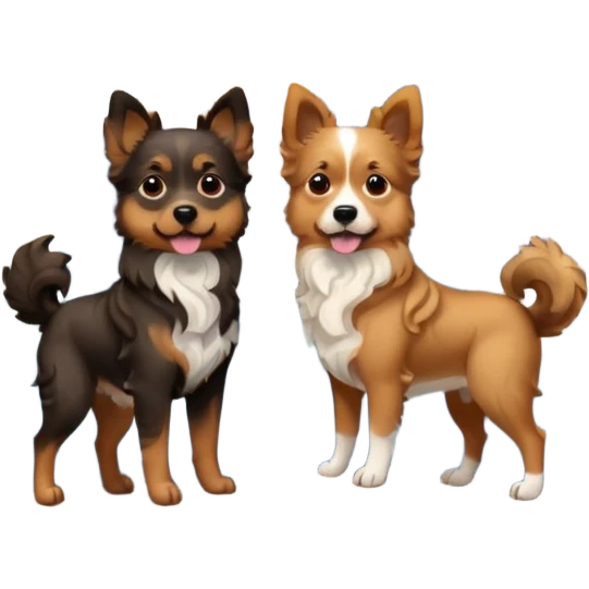 two dogs with wavy hair, one black and brown, one shades of brown with mountains emoji