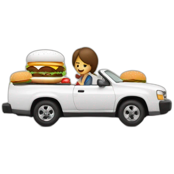 Hombre blanco y mujer blanca en un coche hecho de hamburguesa emoji
