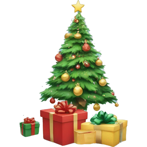 Presents around the Christmas tree but the Christmas tree is snowy  emoji