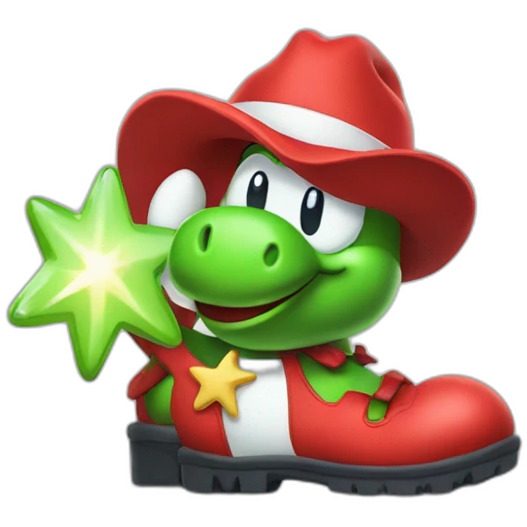 yoshi wearing red boots and holding a start sign emoji