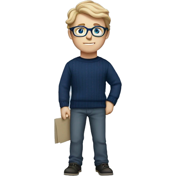 caucasian white boy with dark wavy  hair, blue glasses, and carrying design paper plan because he is an architect carrying a pencil and a set model maquette. wearing a navy blue long sleeve sweater shirt. smart.  emoji