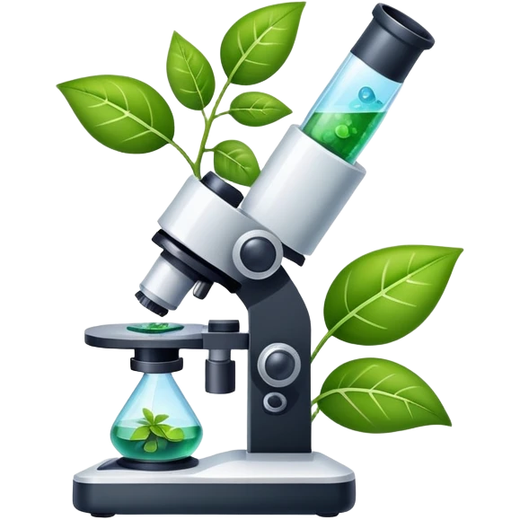 An icon featuring a microscope, a DNA strand, and plant leaves, symbolizing biology. The design includes cells, a test tube with a plant sample, representing life sciences, ecosystems, and the study of organisms. Transparent background highlights the exploration of living systems. emoji