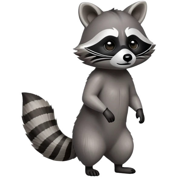 Cinematic-Raccoon-Realistic-Full-Body-Standing on all fours-Emoji – Tail flicking lazily, head tilted dramatically, thick grey fur with a signature black mask, sharp and alert ears, simplified yet realistic focused features, highly detailed, glowing with an almost sarcastic glow. emoji