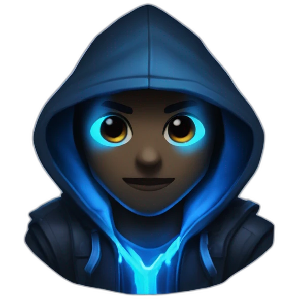 developer behind his laptop with this style : Riot Games Valorant dark blue glowing bright neon blue sparks black hooded assassin themed character emoji