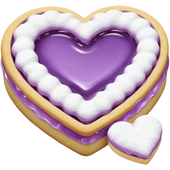 Realistic shortbread cookie in the shape of a heart with Pale Purple color jelly middle filling and sprinkled powder sugar on top. emoji