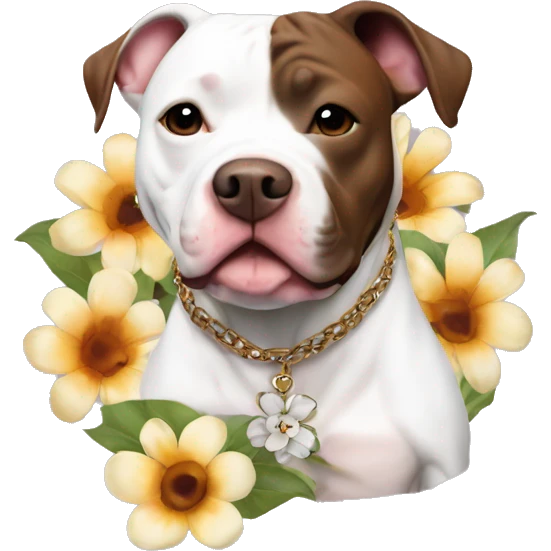 White pit bull with big brown spots on body and flower necklace emoji