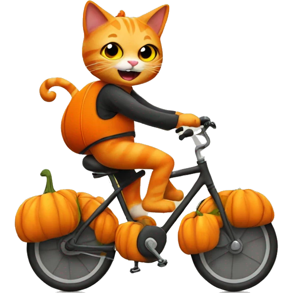 a orange cat wearing a pumpkin suit riding a bike emoji