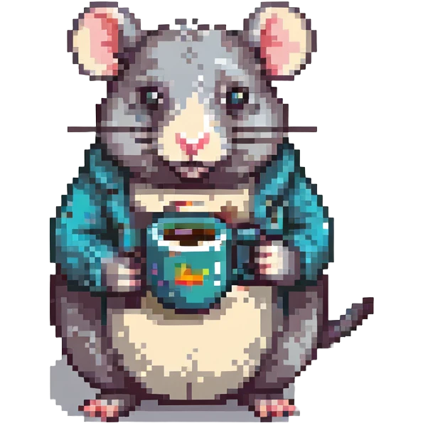a chubby rat holding a mug, pixel art style, retro and blocky emoji