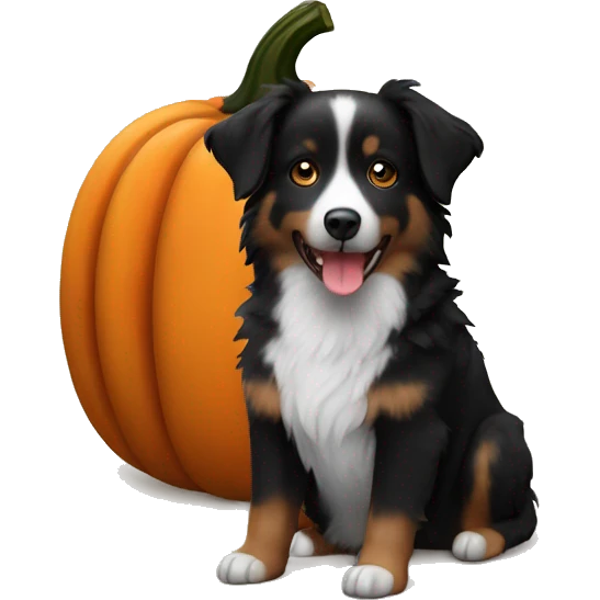 Small black australian shepherd dog in a pumpkin emoji