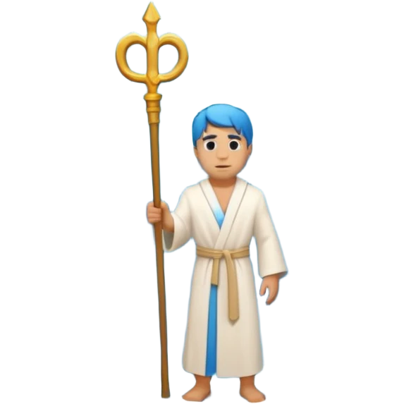 iOS-style 3D emoji: wide blue sea split into two towering water walls, dry path in the middle, Moses standing at the center holding a staff upright emoji