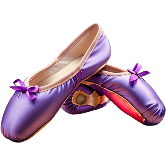 cinematic-realistic-ballet-shoes,-soft-satin-purple-pointe-shoes-with-delicate-ribbons,-resting-gently-on-a-polished-wooden-floor,-subtle-creases-in-the-fabric,-glowing-under-the-warm-golden-light-of-a-rehearsal-studio,-evoking-ele emoji