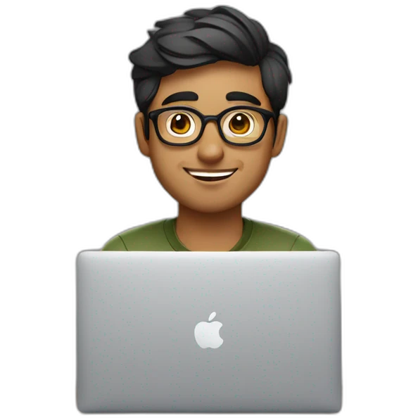 A 23 year old Indian product designer sitting infront of his desk designing in MacBook emoji