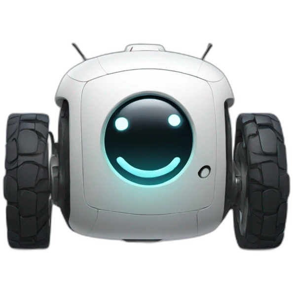 A wheeled Robot with touche screen as face and a Big smiley. emoji