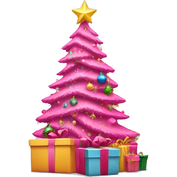 pink christmas tree with presents under emoji