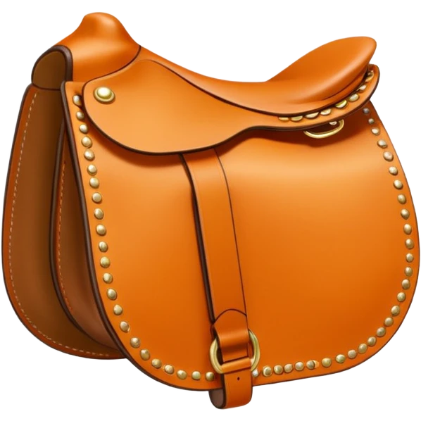 Hermès-style saddle, detailed leatherwork, Hermès orange and gold accents, luxury, cute emoji style emoji