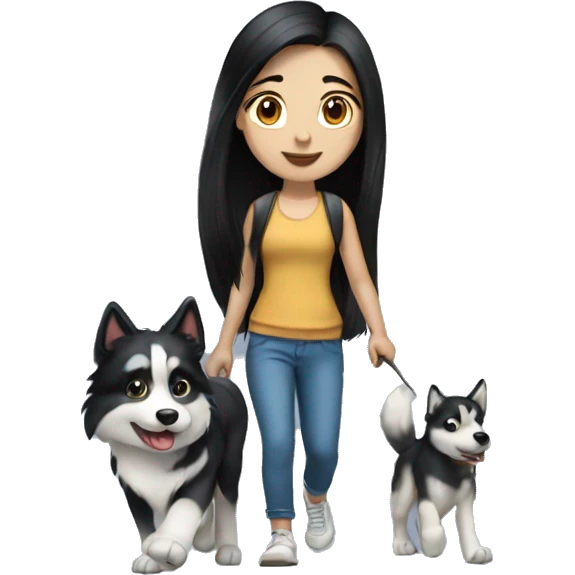Long black hair pale girl walking husky dog emoji