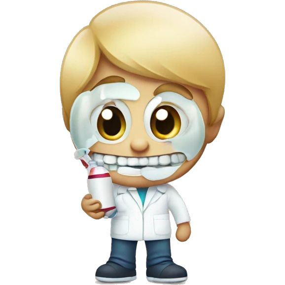 A little kid with sharp teeth looking at medicine emoji