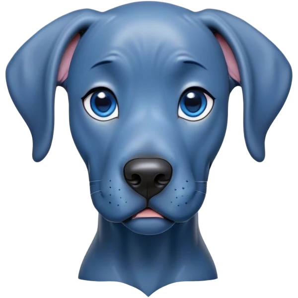 Cinematic Cute Blue Great Dane Portrait Emoji, Head tilted playfully and inquisitively, featuring a glossy blue Fur with a refined sheen, round, sparkling steel-blue eyes filled with curiosity, Simplified yet irresistibly adorable features, highly detailed, glowing with a warm, friendly glow, high shine, affectionate and gentle, stylized with a touch of whimsy, bright and endearing, soft glowing outline, capturing the essence of a mischievous yet loving pup, so playful it feels like it could lumber out of the screen and into your arms! emoji