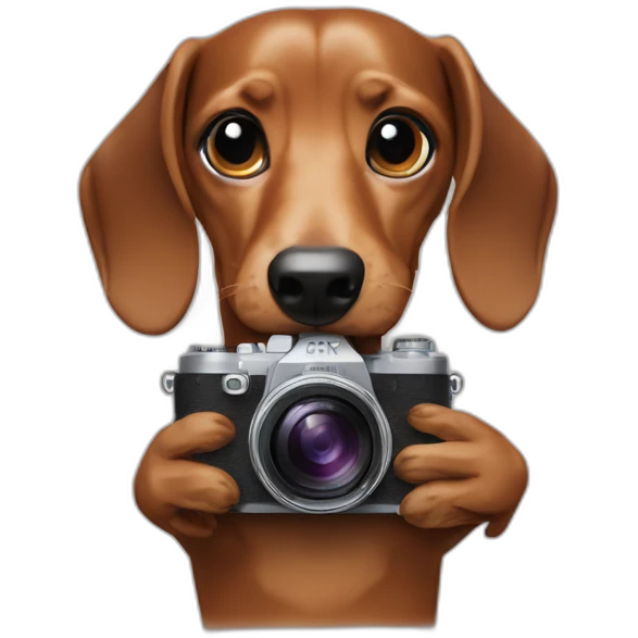 a dachshund dog holds a SONY camera in his hands emoji
