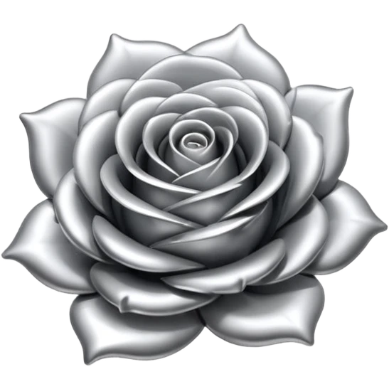 A rose emoji made of liquid silver metal, smooth metallic petals, reflective chrome surface, soft gradients, elegant shape, minimalistic iOS emoji style, centered, clean white background, realistic highlights, no text emoji