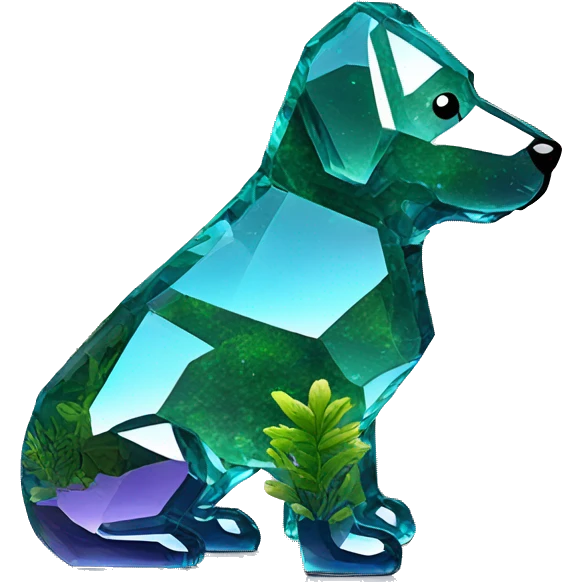 A dog made entirely of glass mirror crystals prisms glass transparent filled with plants as a terrarium emoji