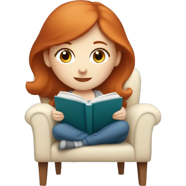 Redhead girl with pale skin and blue eyes sitting in chair with a blanket reading a book emoji