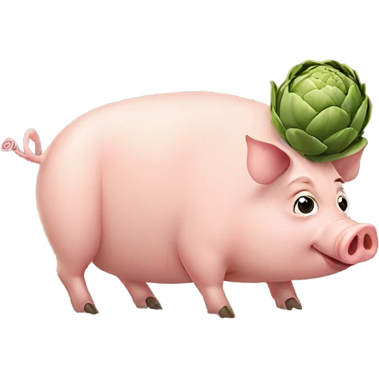 A pig looking at a artichoke the pigs face looks like be wants to eat the artichoke on the ground emoji