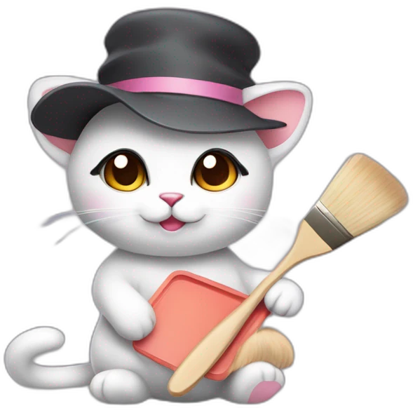 Kawaii cat artist in hat holding palette and brush so it can be used as a mouse cursor emoji