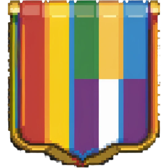 LGBT pride flag emblem, 40x40 pixels, gold border, rainbow stripes, Habbo Hotel badge style emoji