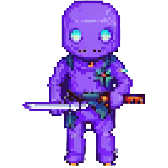 Add glowing eyes to Purple Guy from FNAF holding a knife in pixel art style with no background. emoji