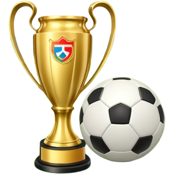 A football resting on the green grass of a soccer field, with goalposts and field markings in the background. In the foreground, the UEFA World Cup trophy gleams, symbolizing the pinnacle of football achievement, adding an element of prestige and competition to the scene. emoji
