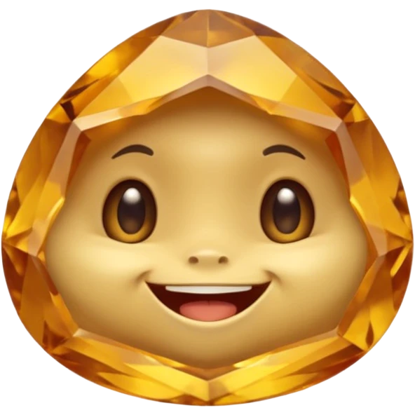 Single gemstone rock character, warm golden citrine, squat and heavy like a rock, with carved facets and tiny surface imperfections, cute round eyes and open smiling mouth, 3D game icon style, plain dark background, no other gems emoji