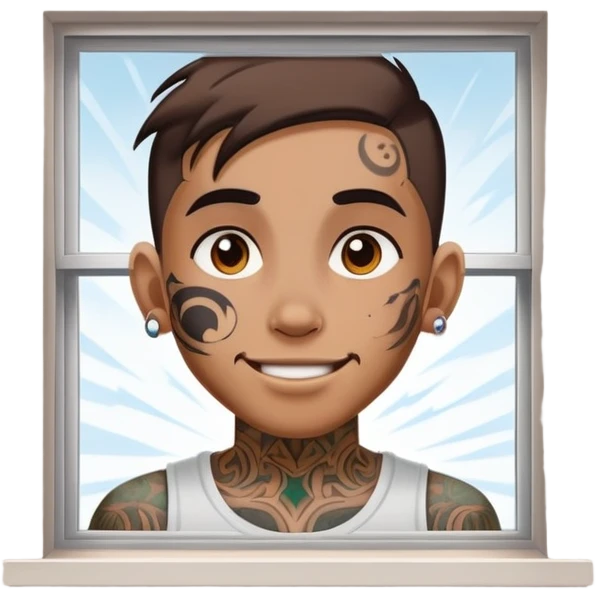 person with face tattoo looking out of window and opens shatters happy emoji