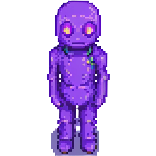Add glowing eyes to Purple Guy from FNAF standing pose in pixel art style with no background. emoji