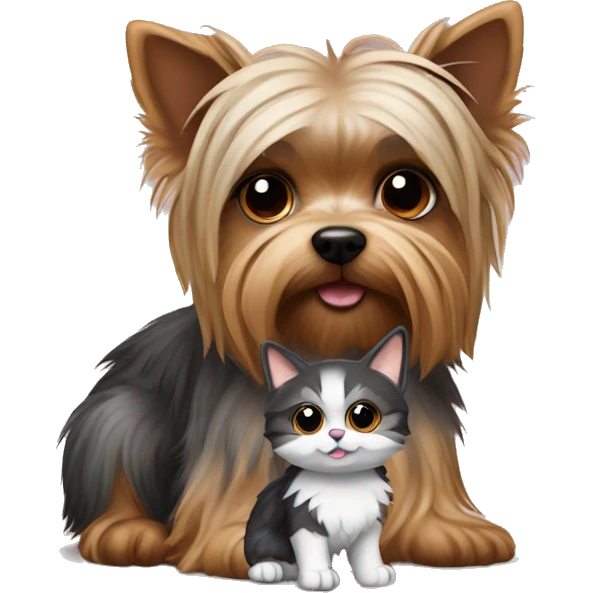 A Yorkshire terrier dog and a Scottish cat, the color of raccoon fur, sit together emoji