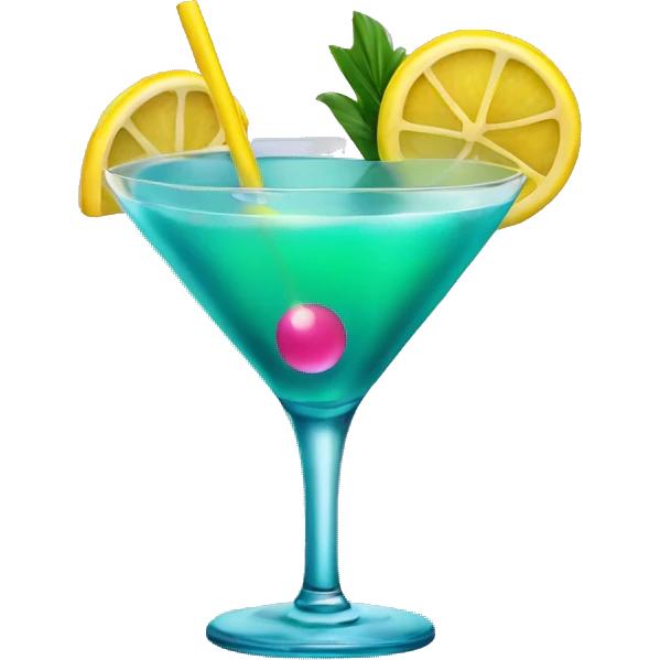 Bluish green cocktail with pink and yellow emoji