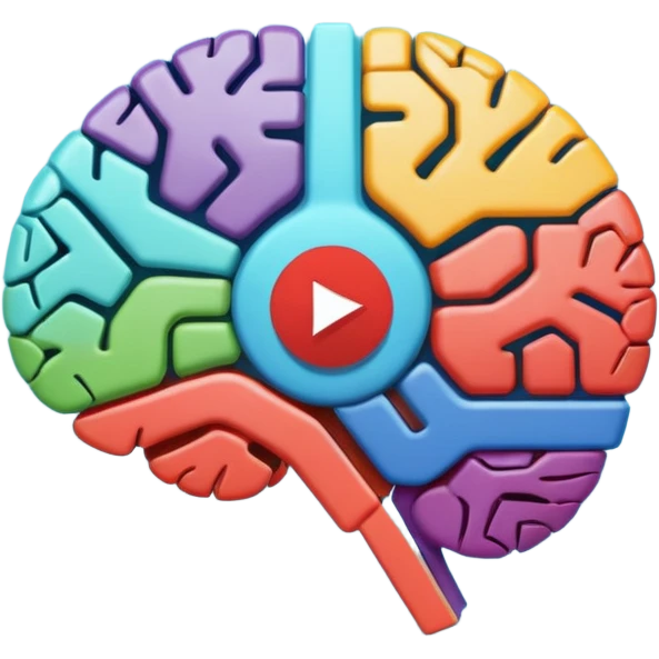 Stylized brain illustration with YouTube logo elements integrated, neural network nodes forming play button shape, digital art style, vibrant color palette, professional icon design, square format emoji